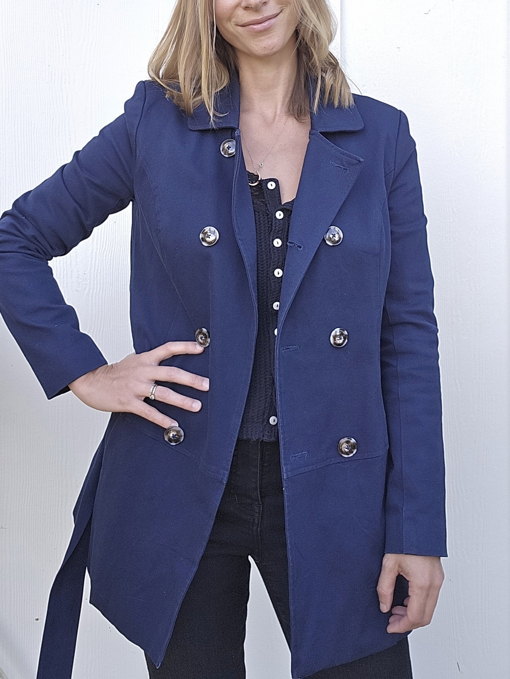 Military Trench Coat Navy Blue Double Breasted Belted Peacoat Jacket Small